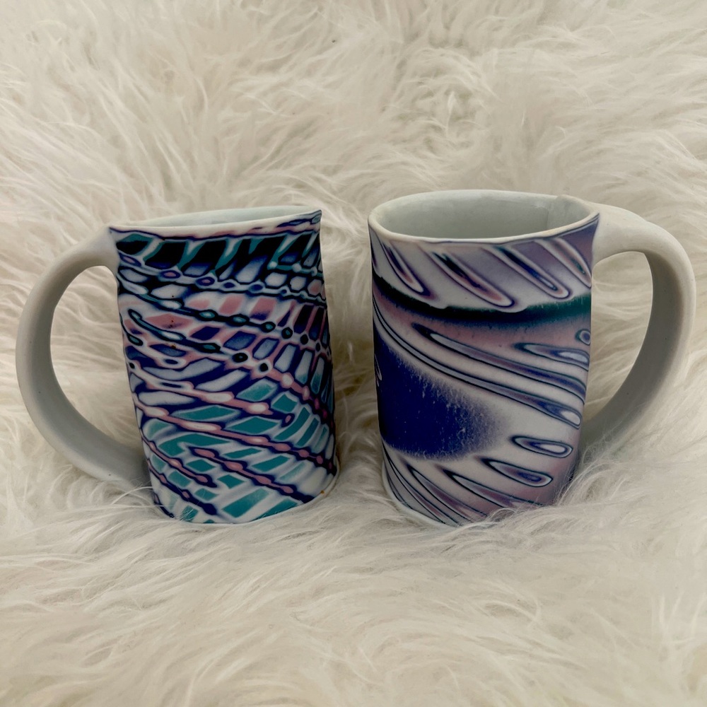 Vintage Handcrafted ceramic mugs in white and lavender signed by the artist 4.5”